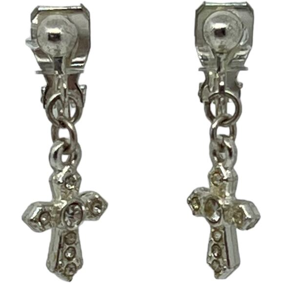 Vintage Silver Cross Jeweled Clip-On Earrings - Picture 2 of 6